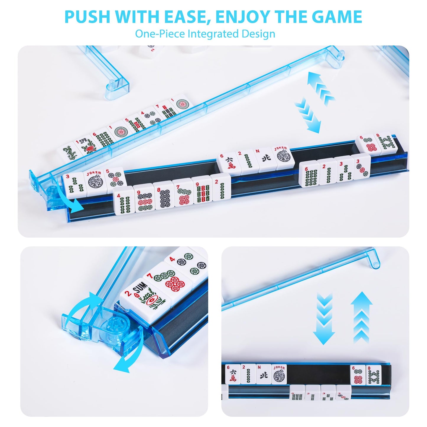 WOOIIROM Mahjong Racks with Pushers – Anti-Slip, Light Blue, Set of 4