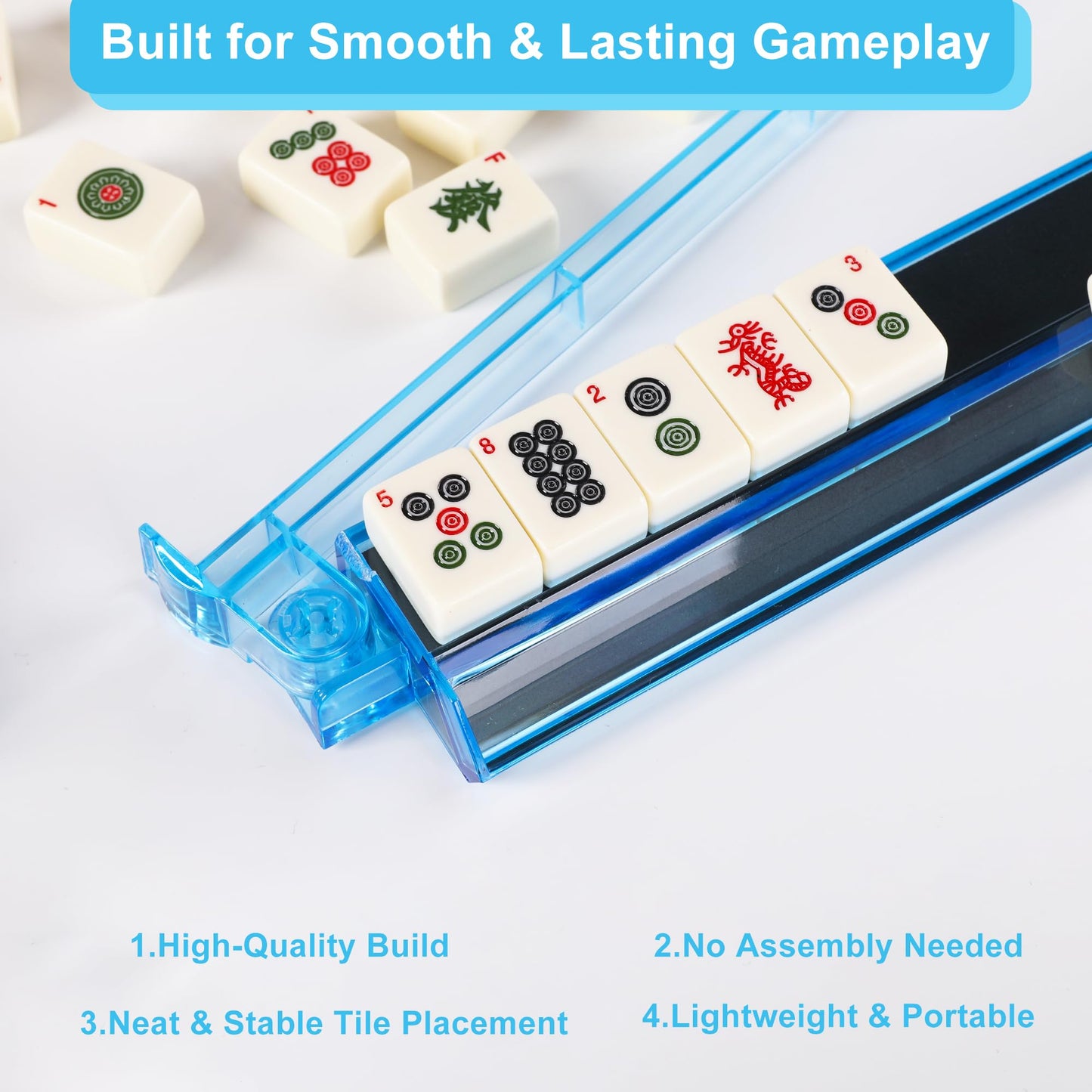 WOOIIROM Mahjong Racks with Pushers – Anti-Slip, Light Blue, Set of 4