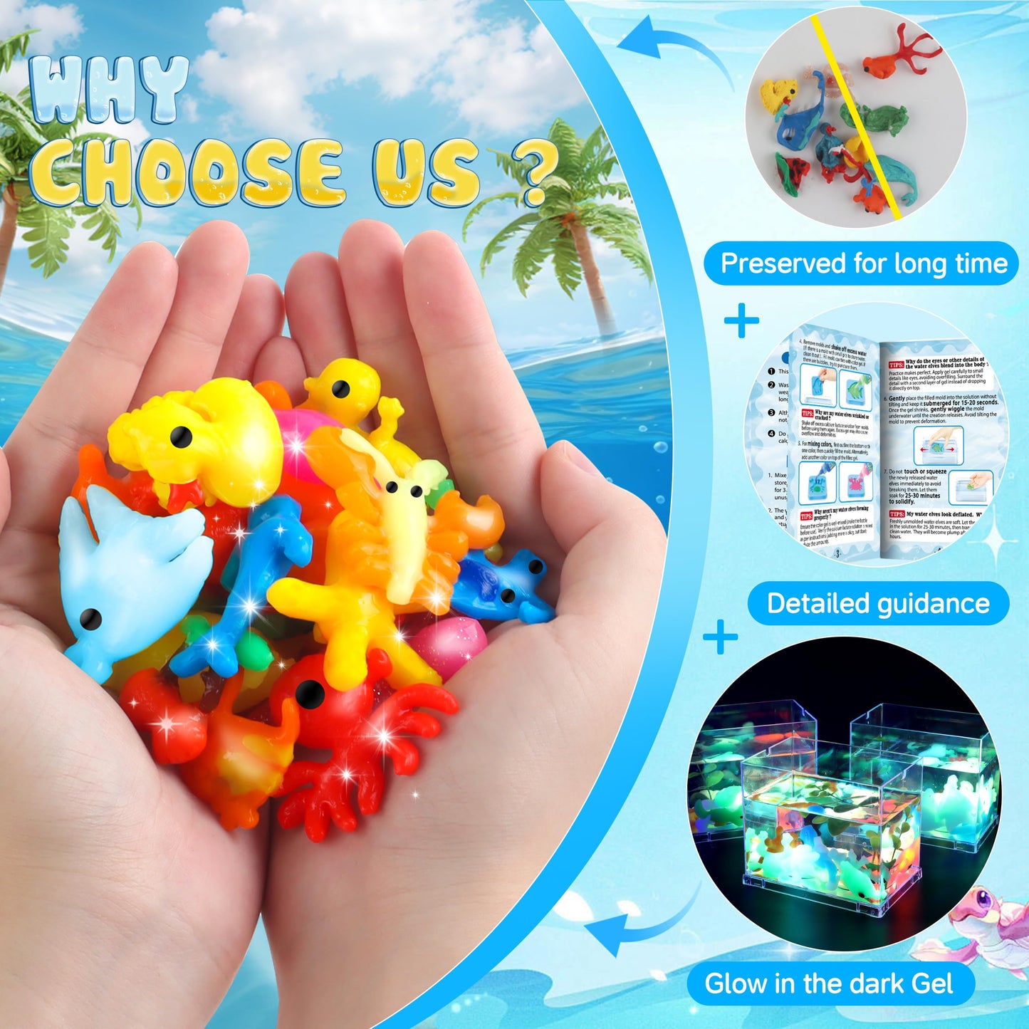 Wookidel Aqua Fairy Water Gel Kit for Kids – 12 Gel Colors, 8 Animal Molds, Mini Sea Tank