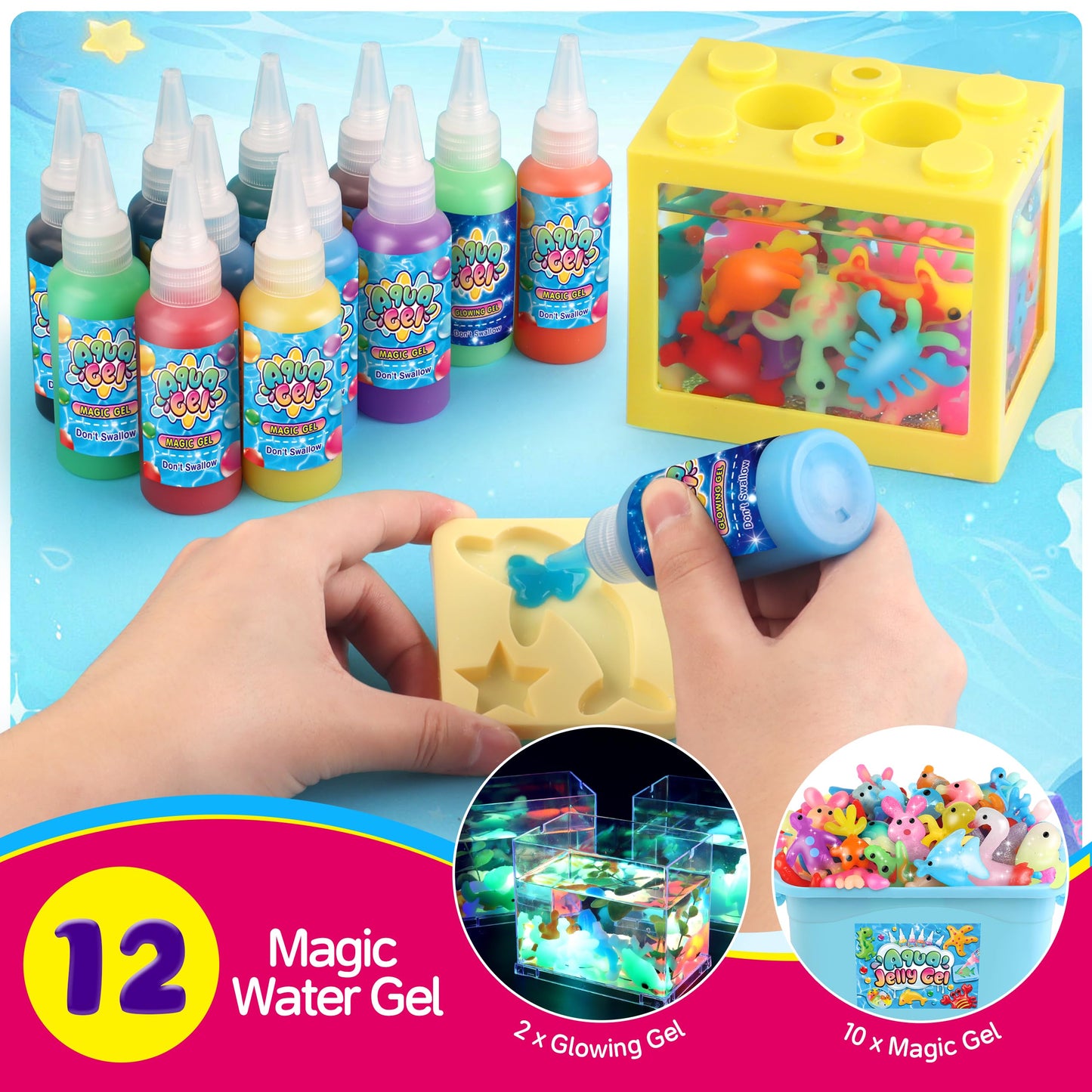 Wookidel Aqua Fairy Water Gel Kit for Kids – 12 Gel Colors, 8 Animal Molds, Mini Sea Tank