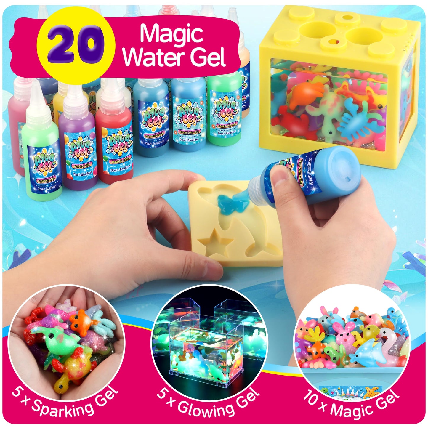 Wookidel Magic Water Elf Toy Kit — Aqua Fairy Gel Craft with 20 Gels & 10 Animal Molds