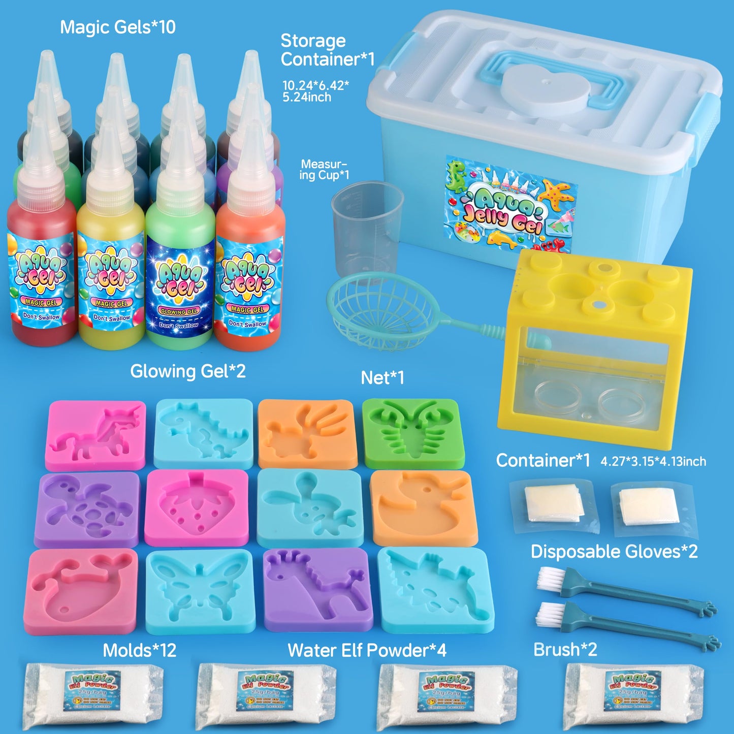 Wookidel Aqua Fairy Water Gel Kit for Kids – 12 Gel Colors, 8 Animal Molds, Mini Sea Tank