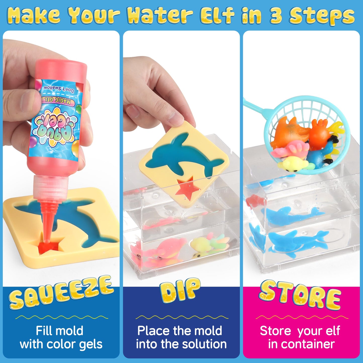 Wookidel Aqua Fairy Water Gel Kit for Kids – 12 Gel Colors, 8 Animal Molds, Mini Sea Tank