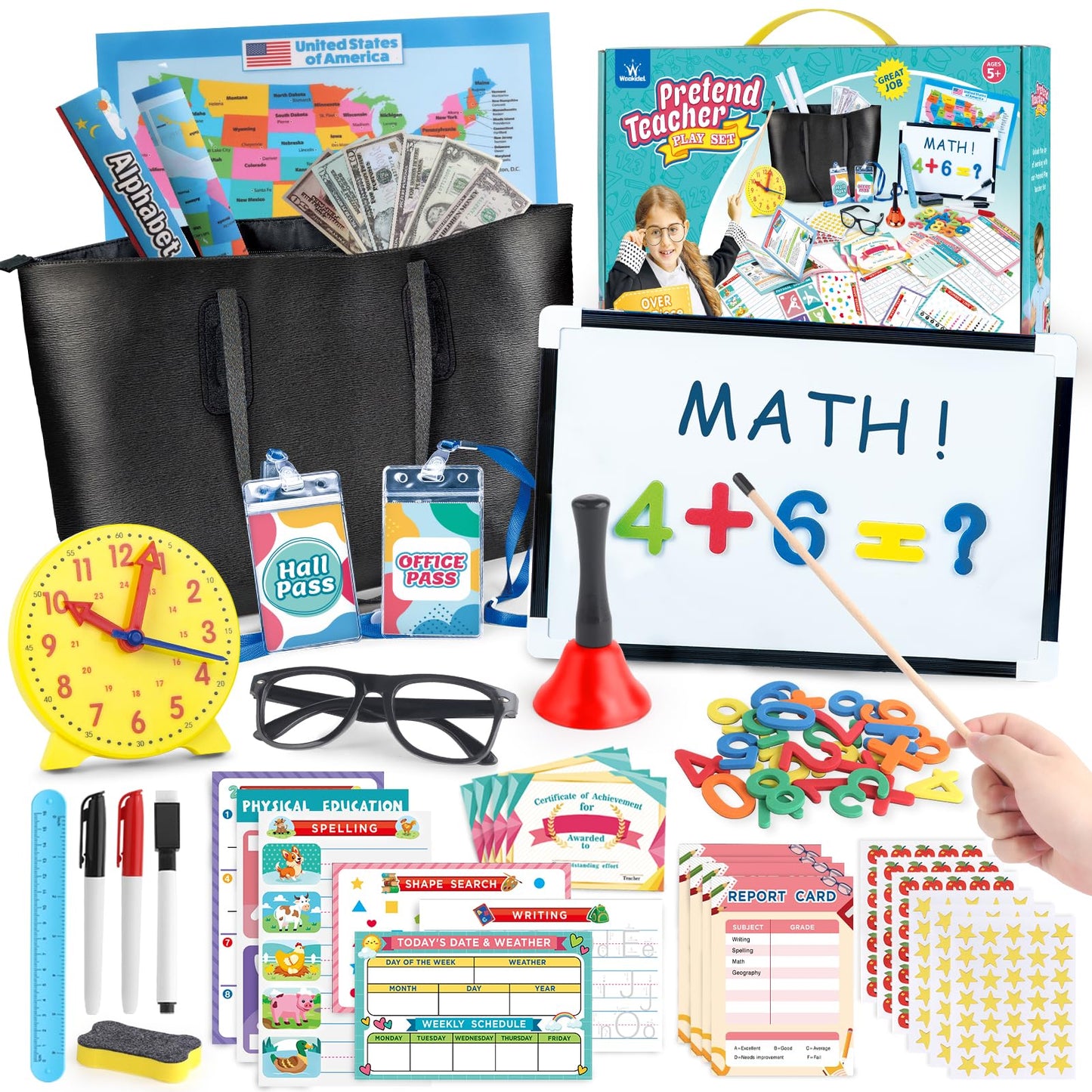 Wookidel Pretend Play Teacher Set for Kids – 40+ Pieces, Learning Clock