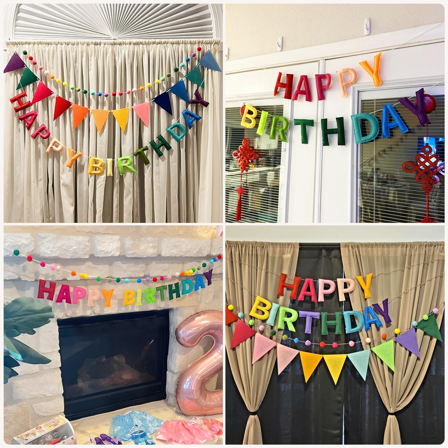 Woonnuk 4PCS Pre-Strung Happy Birthday Banner Set - Felt Garland & Rainbow Party Decor