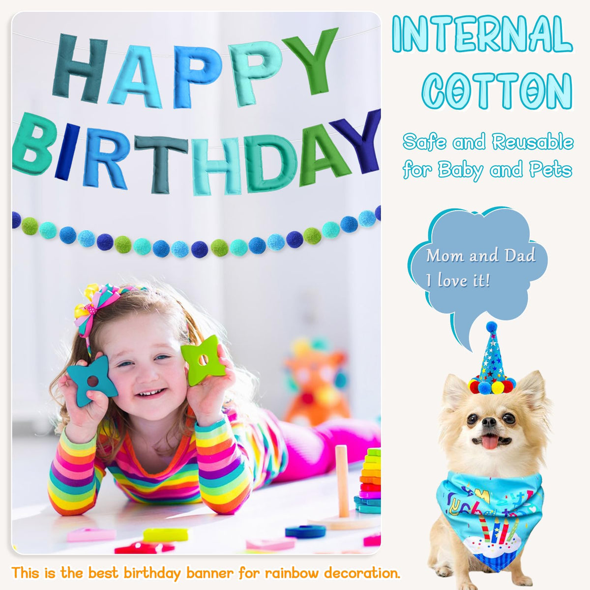 Woonnuk 4PCS Pre-Strung Happy Birthday Banner Set - Blue Felt Party Decorations for Indoor Outdoor Use
