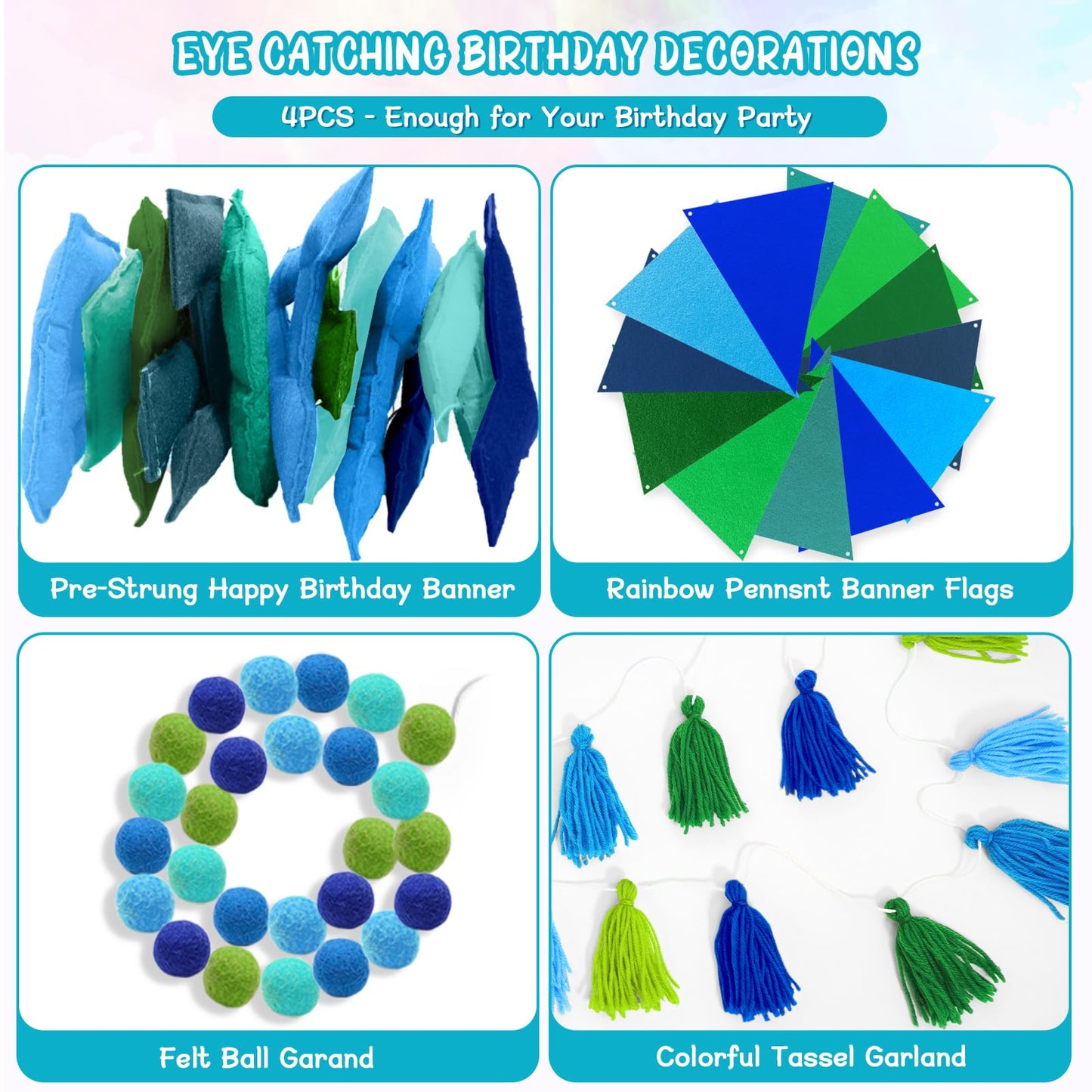 Woonnuk 4PCS Pre-Strung Happy Birthday Banner Set - Blue Felt Party Decorations for Indoor Outdoor Use