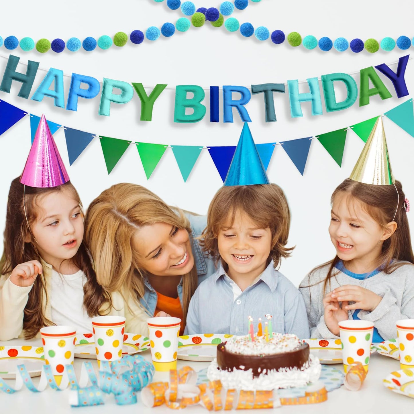 Woonnuk 4PCS Pre-Strung Happy Birthday Banner Set - Blue Felt Party Decorations for Indoor Outdoor Use