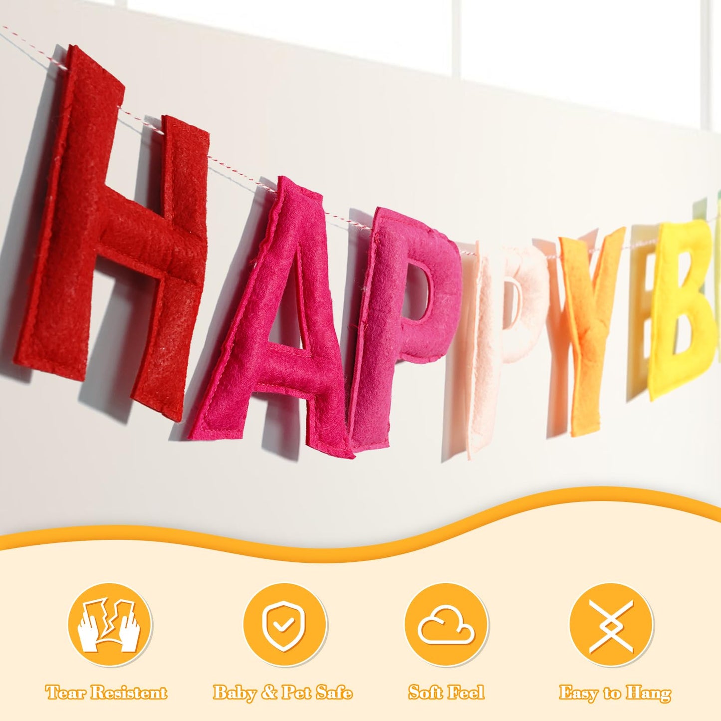 Woonnuk 4PCS Pre-Strung Happy Birthday Banner Set - Felt Garland & Rainbow Party Decor