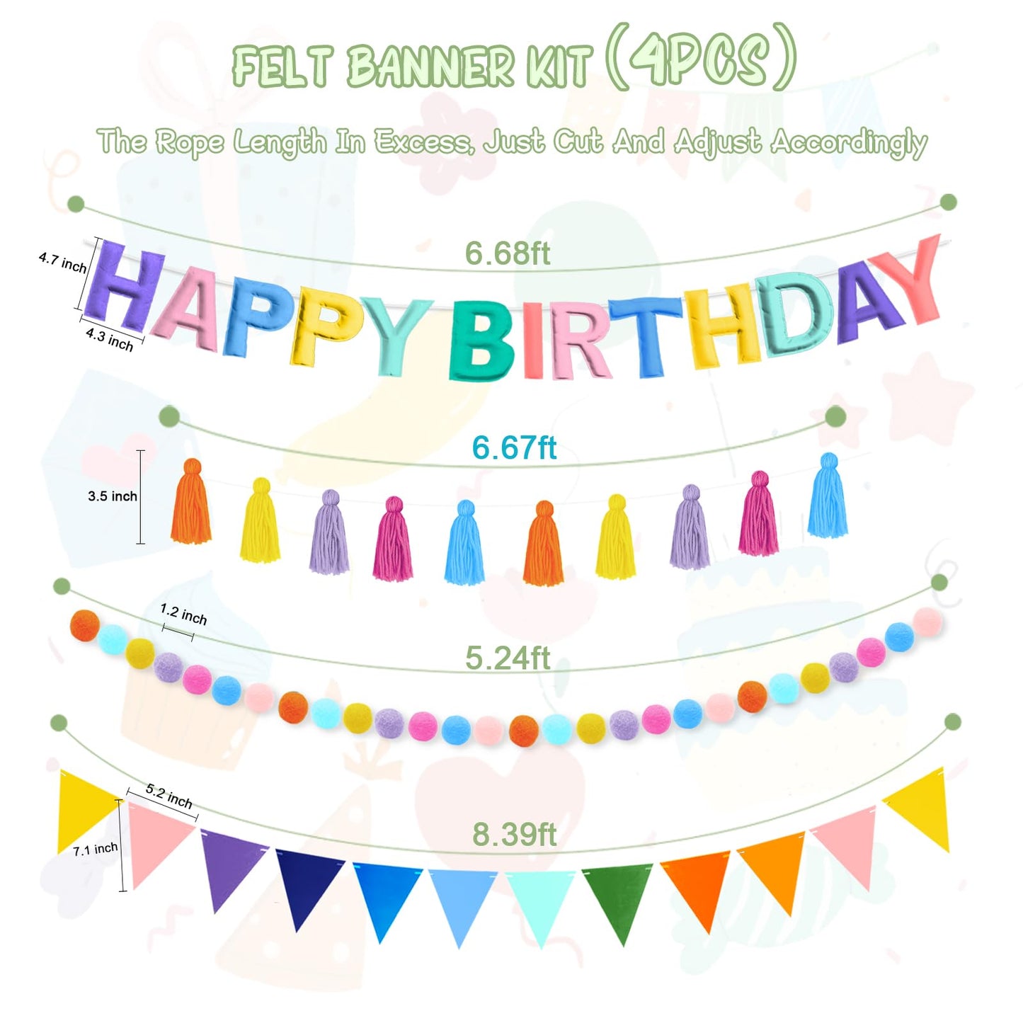 Woonnuk 4-Piece Pre-Strung Happy Birthday Banner Set - Pastel Felt Garlands & Tassels