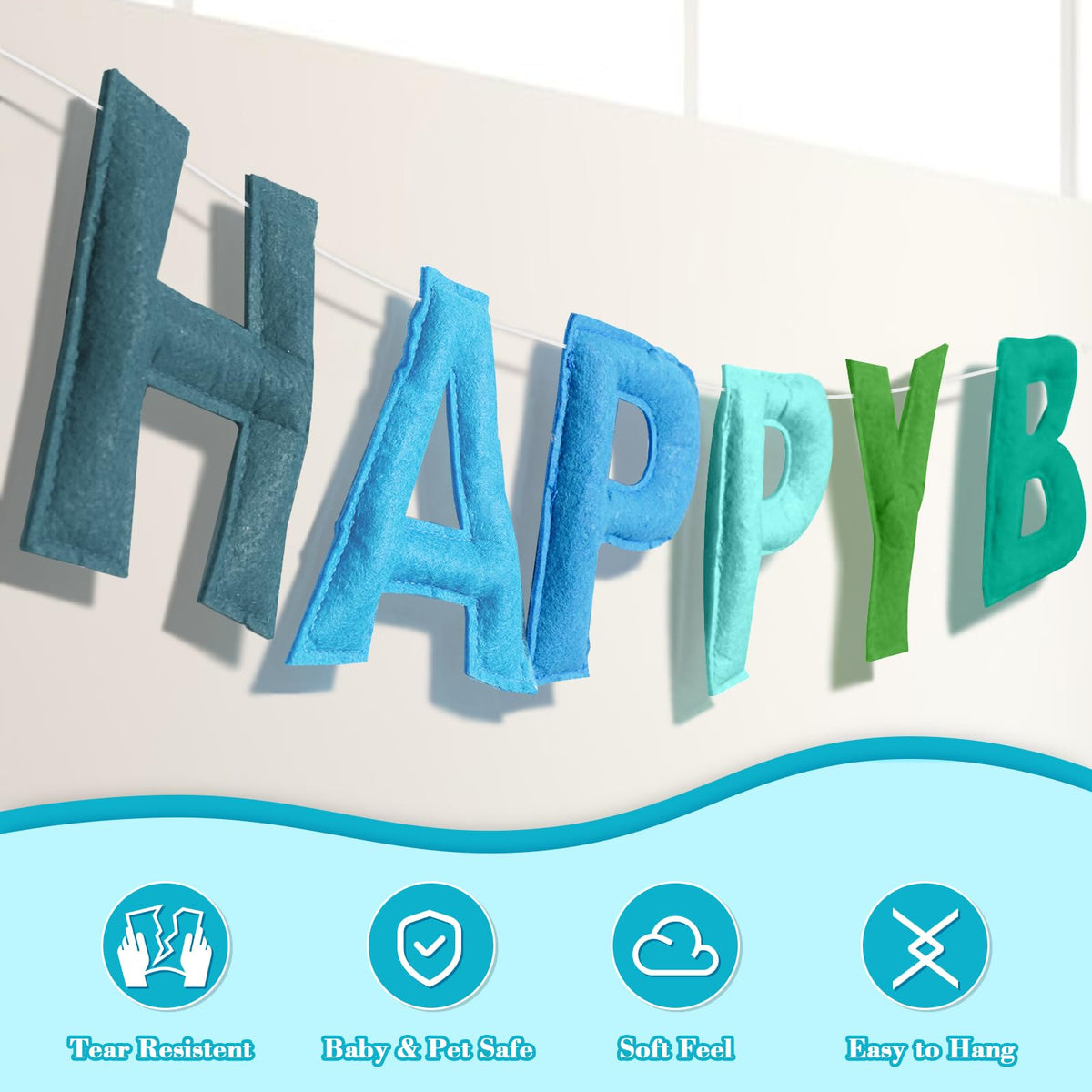 Woonnuk 4PCS Pre-Strung Happy Birthday Banner Set - Blue Felt Party Decorations for Indoor Outdoor Use
