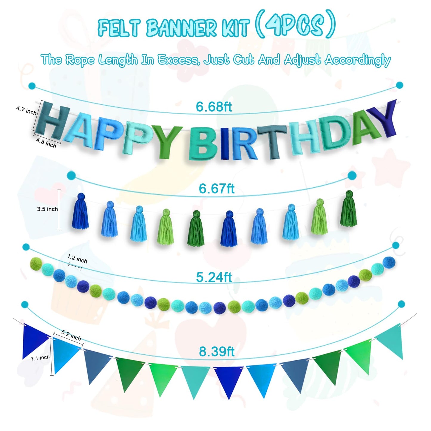 Woonnuk 4PCS Pre-Strung Happy Birthday Banner Set - Blue Felt Party Decorations for Indoor Outdoor Use