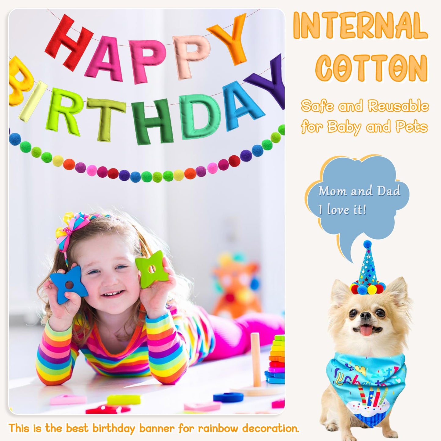 Woonnuk 4PCS Pre-Strung Happy Birthday Banner Set - Felt Garland & Rainbow Party Decor
