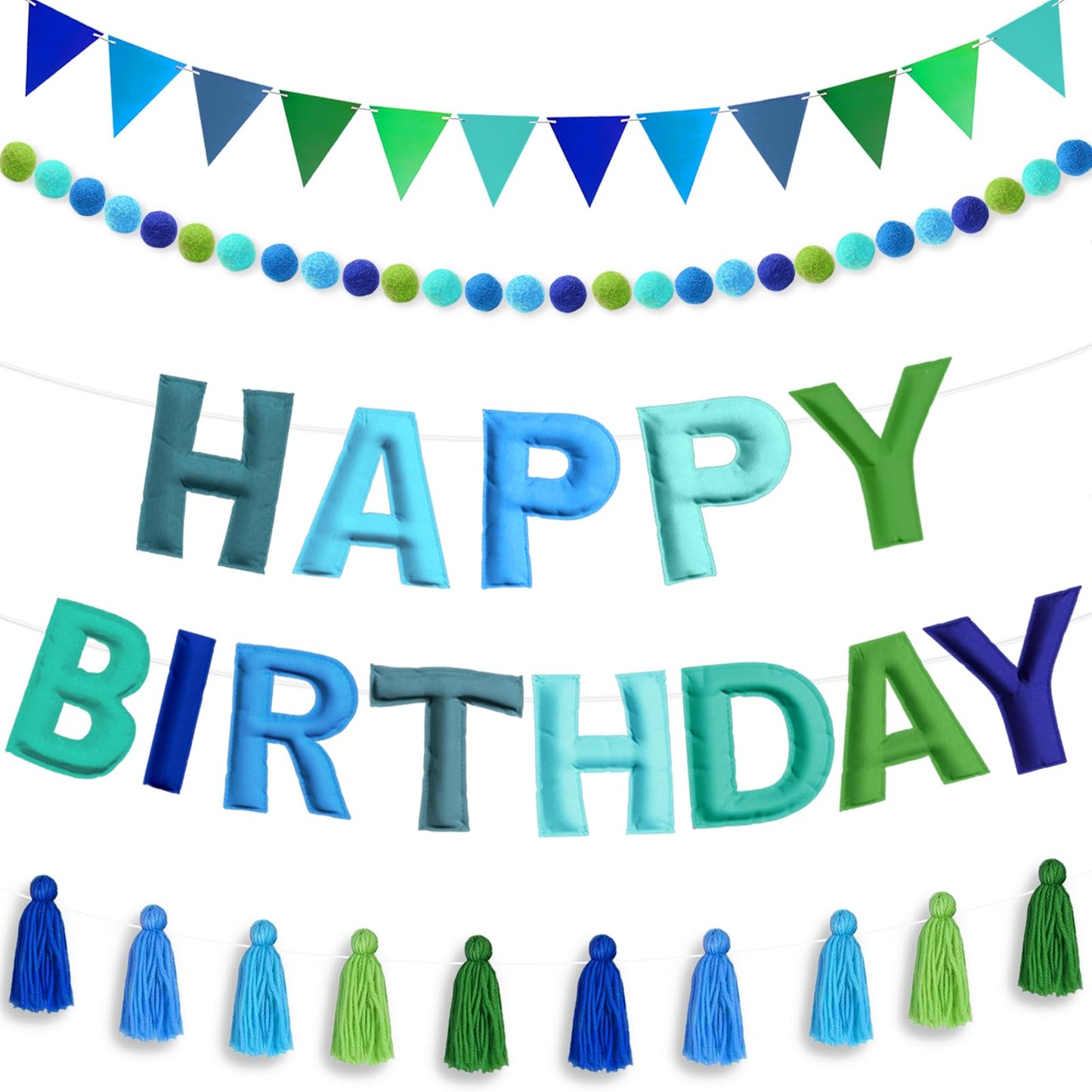 Woonnuk 4PCS Pre-Strung Happy Birthday Banner Set - Blue Felt Party Decorations for Indoor Outdoor Use