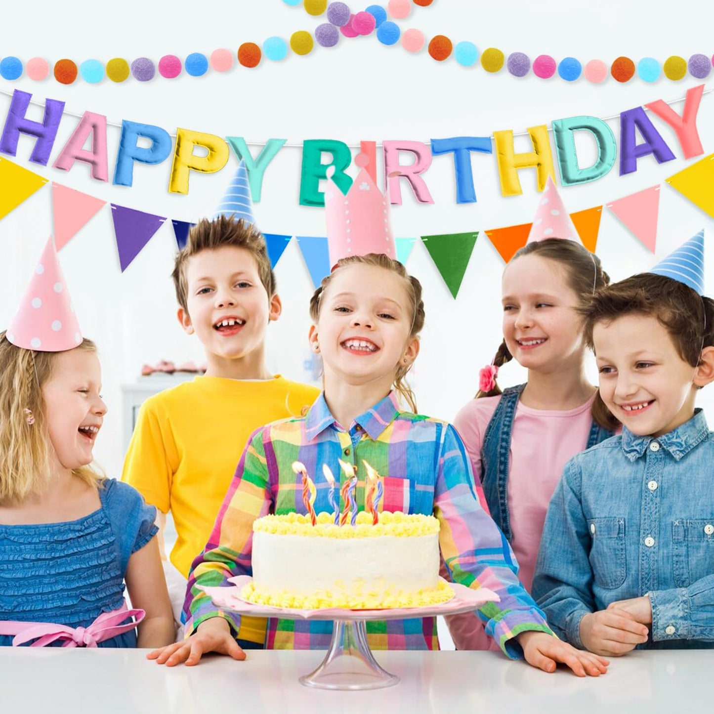 Woonnuk 4-Piece Pre-Strung Happy Birthday Banner Set - Pastel Felt Garlands & Tassels