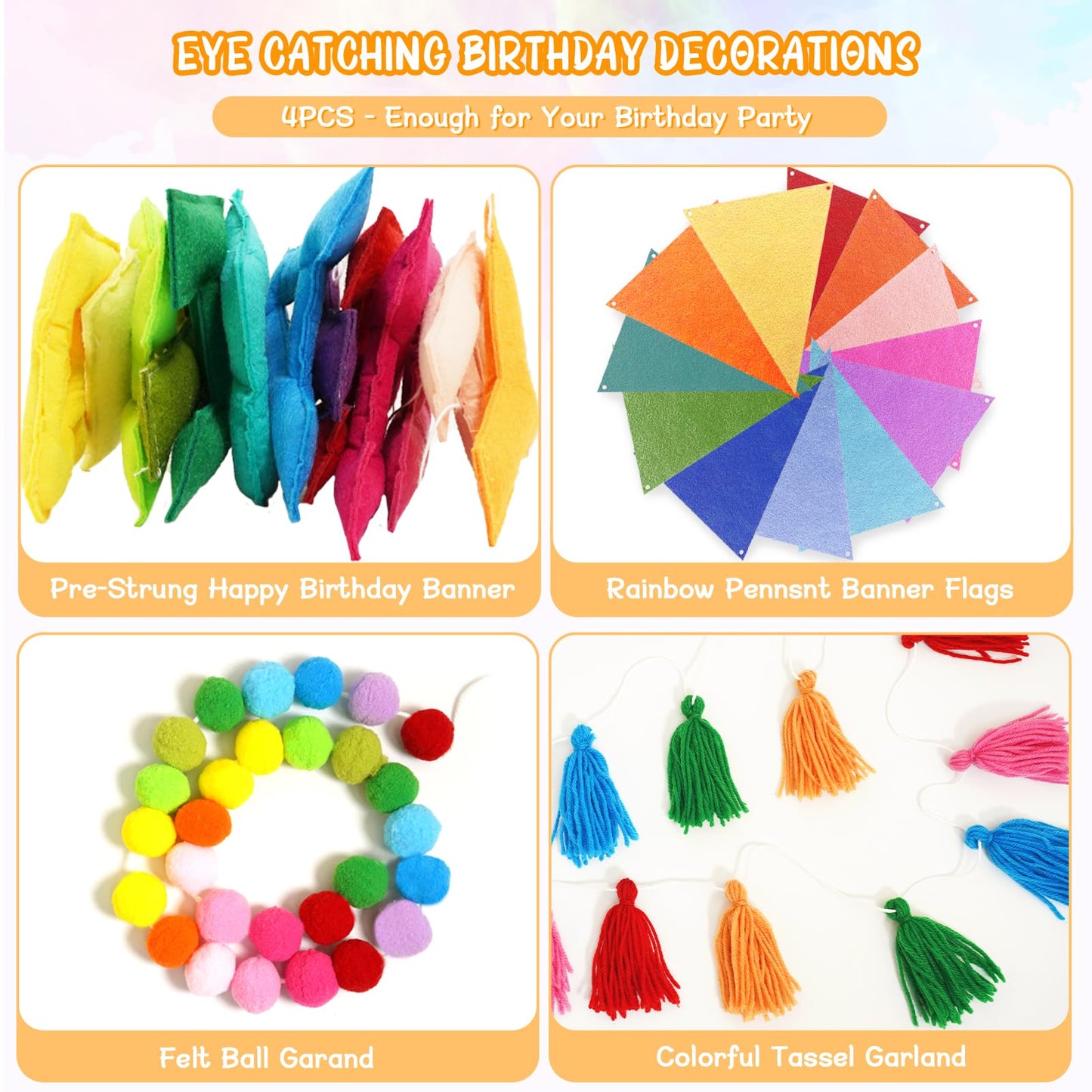 Woonnuk 4PCS Pre-Strung Happy Birthday Banner Set - Felt Garland & Rainbow Party Decor