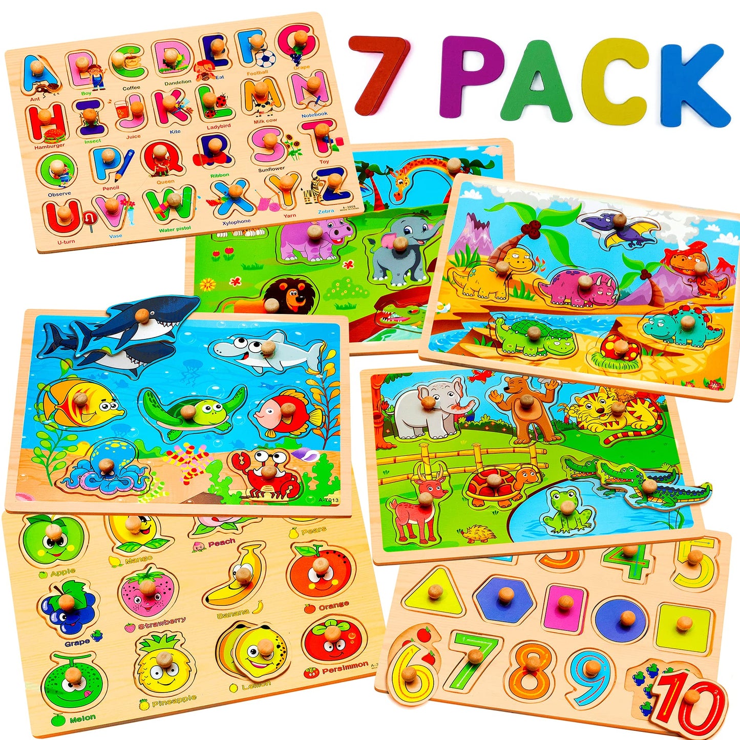 WOOODLIFY 7-Pack Wooden Puzzles for Toddlers | Colorful Peg Puzzles for Ages 2-5