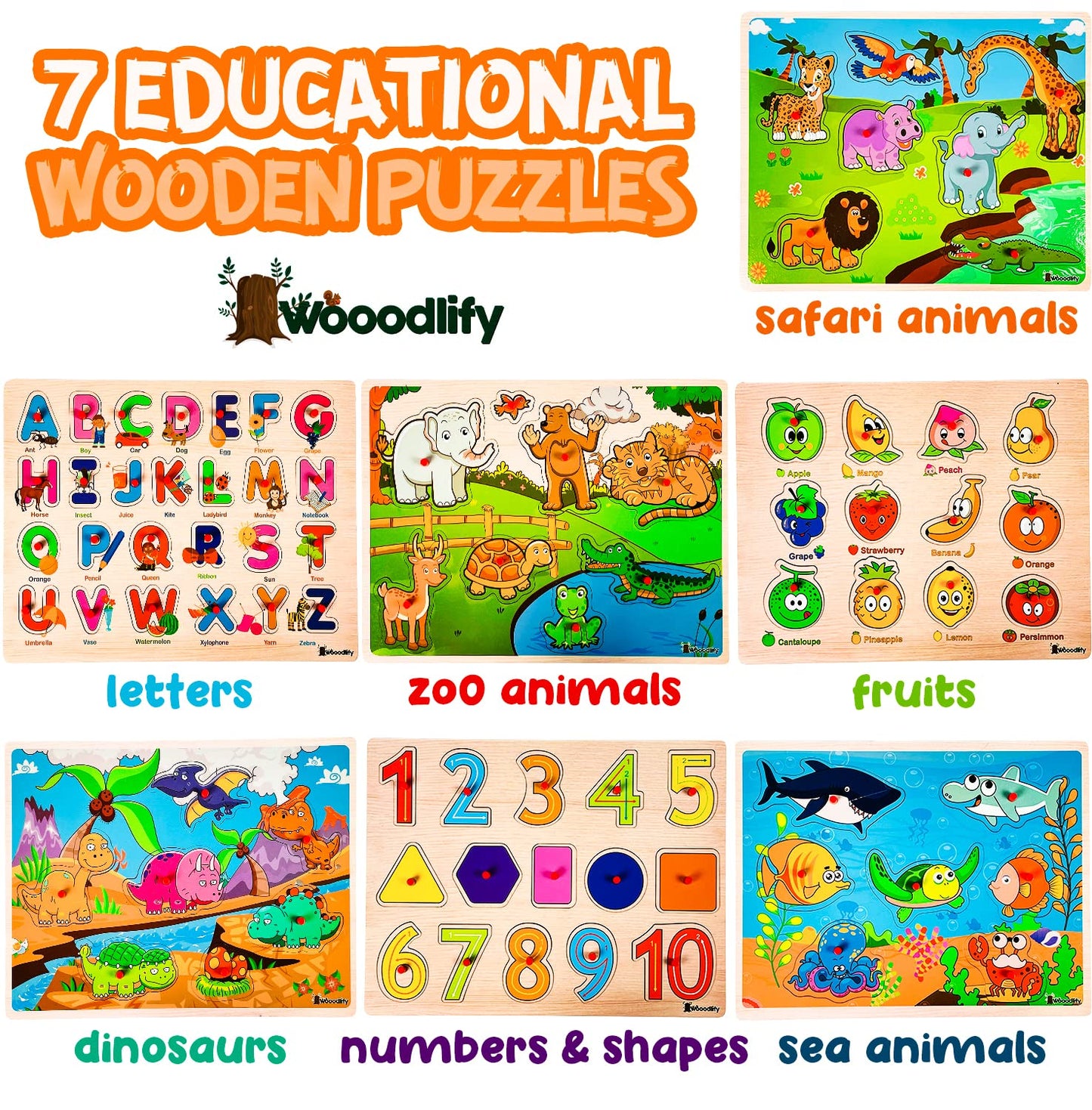 WOOODLIFY 7-Pack Wooden Puzzles for Toddlers | Colorful Peg Puzzles for Ages 2-5