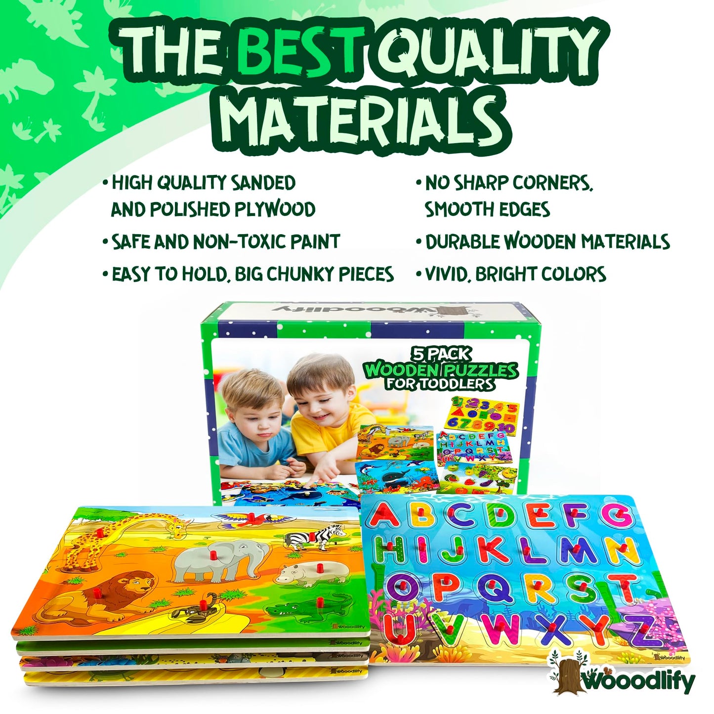 WOOODLIFY 5 Pack Wooden Puzzles for Toddlers 1-3 | Colorful Peg Puzzles – Alphabet, Numbers, Shapes, Fruit & Animals