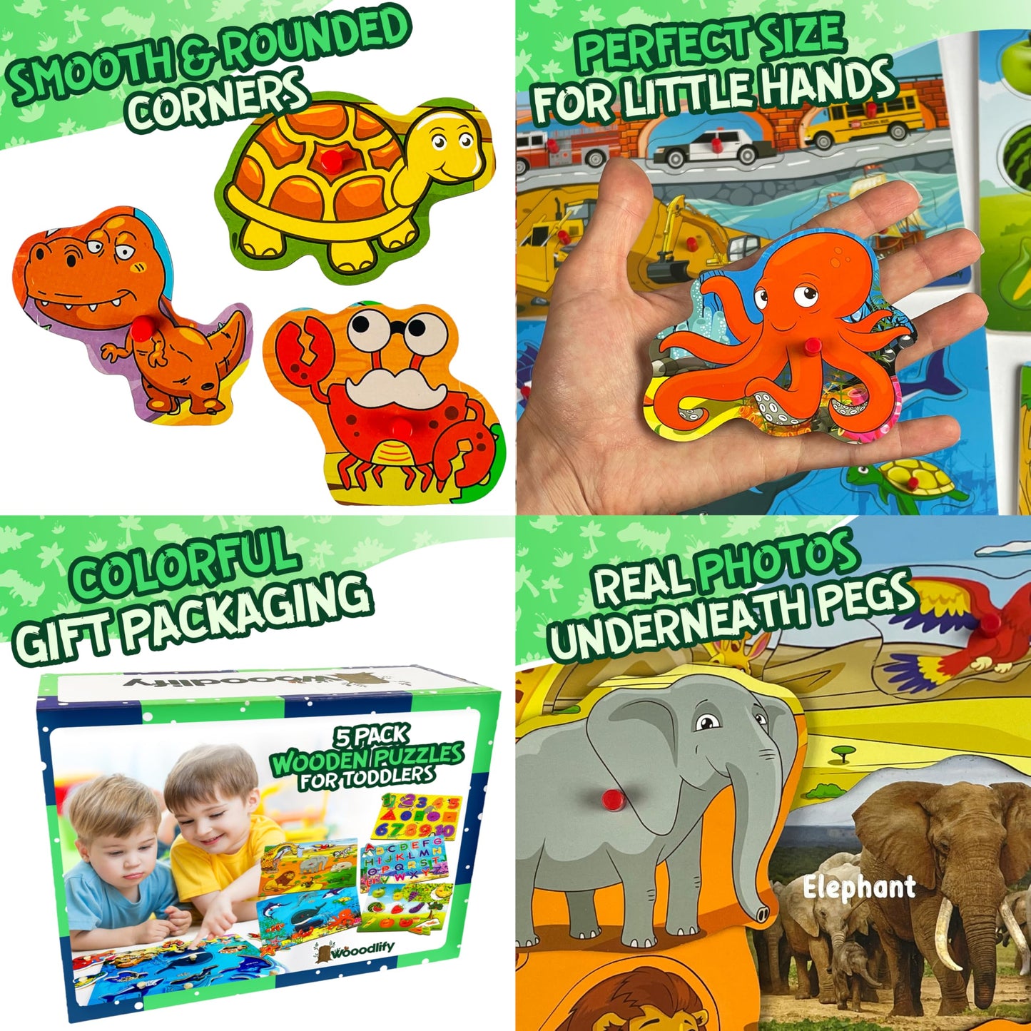 WOOODLIFY 5 Pack Wooden Puzzles for Toddlers 1-3 | Colorful Peg Puzzles – Alphabet, Numbers, Shapes, Fruit & Animals