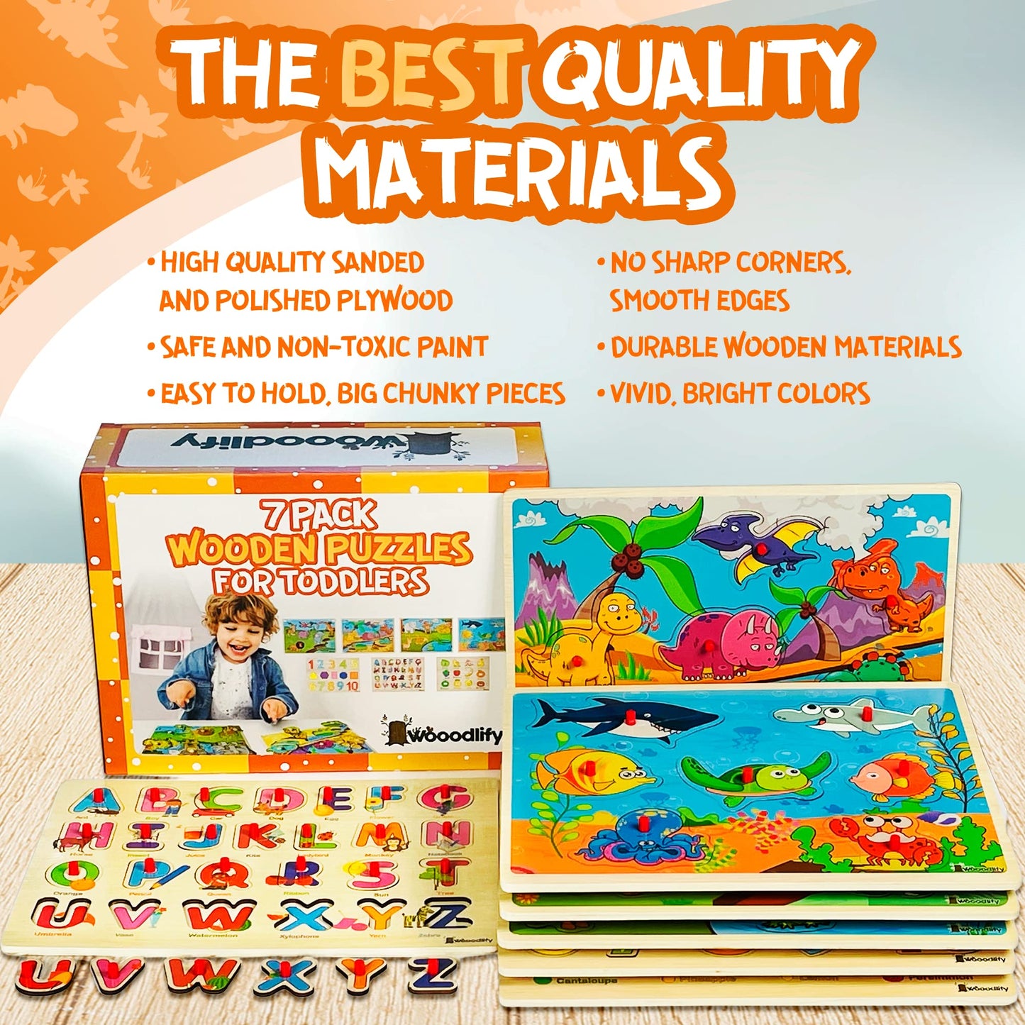 WOOODLIFY 7-Pack Wooden Puzzles for Toddlers | Colorful Peg Puzzles for Ages 2-5