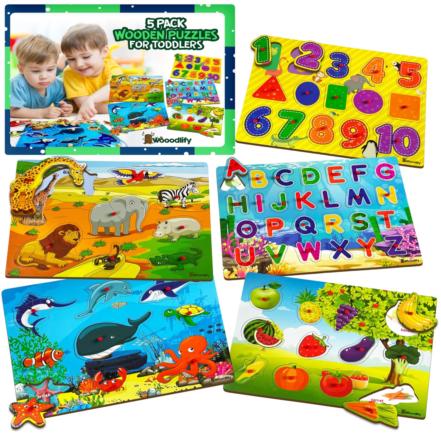 WOOODLIFY 5 Pack Wooden Puzzles for Toddlers 1-3 | Colorful Peg Puzzles – Alphabet, Numbers, Shapes, Fruit & Animals