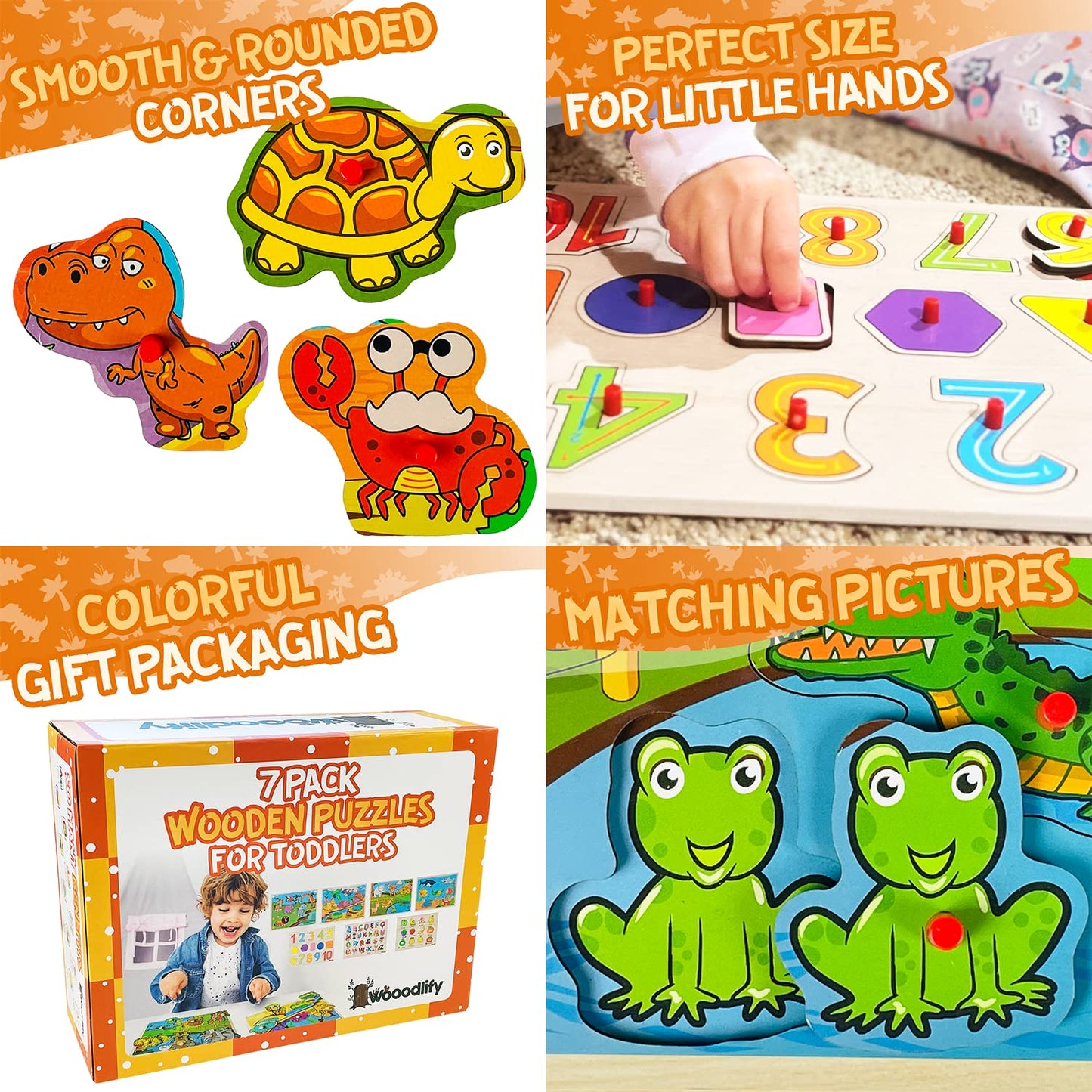 WOOODLIFY 7-Pack Wooden Puzzles for Toddlers | Colorful Peg Puzzles for Ages 2-5