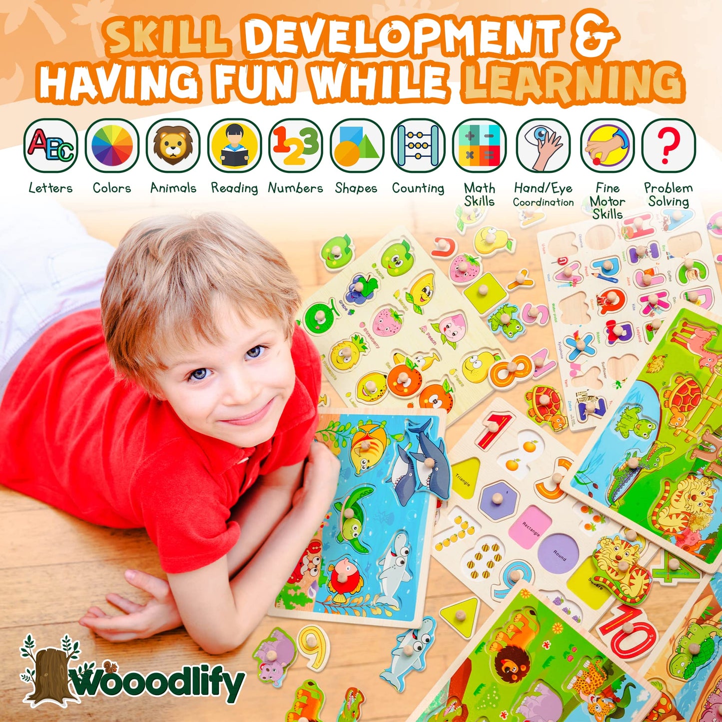 WOOODLIFY 7-Pack Wooden Puzzles for Toddlers | Colorful Peg Puzzles for Ages 2-5