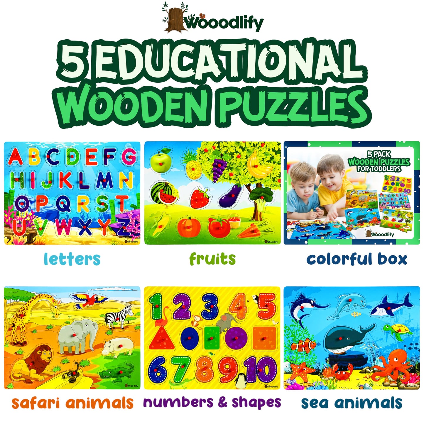 WOOODLIFY 5 Pack Wooden Puzzles for Toddlers 1-3 | Colorful Peg Puzzles – Alphabet, Numbers, Shapes, Fruit & Animals