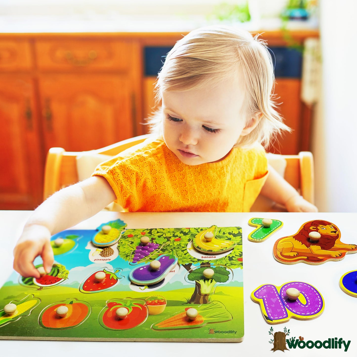 WOOODLIFY 5 Pack Wooden Puzzles for Toddlers 1-3 | Colorful Peg Puzzles – Alphabet, Numbers, Shapes, Fruit & Animals
