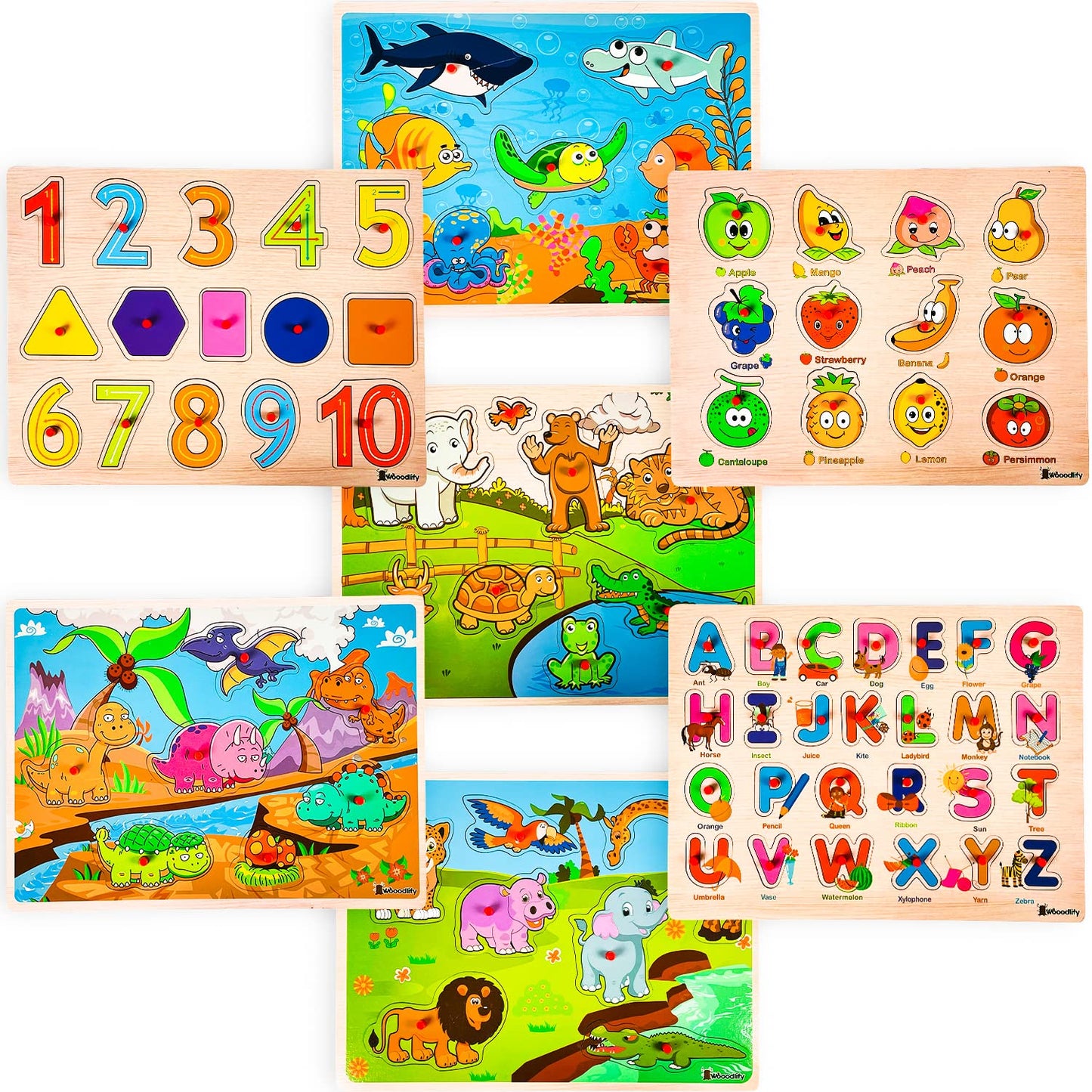 WOOODLIFY 7-Pack Wooden Puzzles for Toddlers | Colorful Peg Puzzles for Ages 2-5