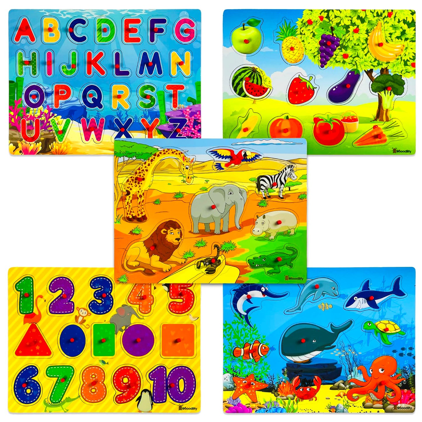 WOOODLIFY 5 Pack Wooden Puzzles for Toddlers 1-3 | Colorful Peg Puzzles – Alphabet, Numbers, Shapes, Fruit & Animals