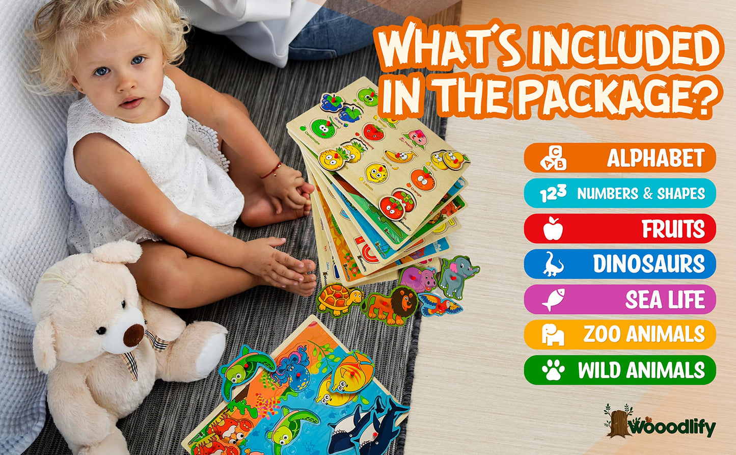 WOOODLIFY 7-Pack Wooden Puzzles for Toddlers | Colorful Peg Puzzles for Ages 2-5