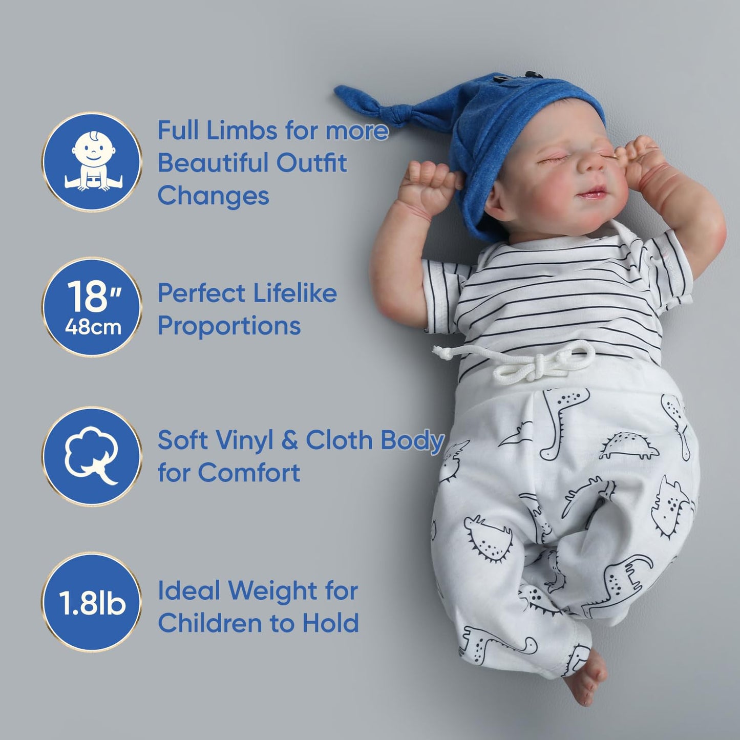 WOOROY Realistic Reborn Baby Doll Boy – 18-Inch Sleeping Newborn, Soft Cloth Body, Lifelike Gift