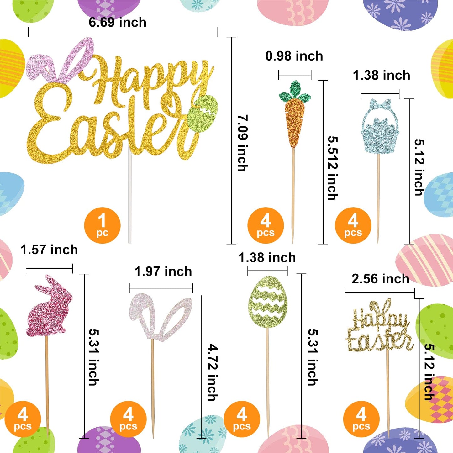 Wootkey 25-Piece Happy Easter Cake Topper Glitter Set – Easter Cupcake Toppers for Spring Parties