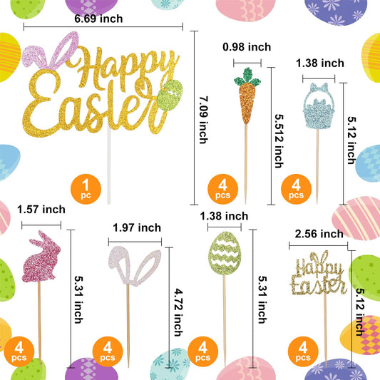 Wootkey 25-Piece Happy Easter Cake Topper Glitter Set – Easter Cupcake Toppers for Spring Parties