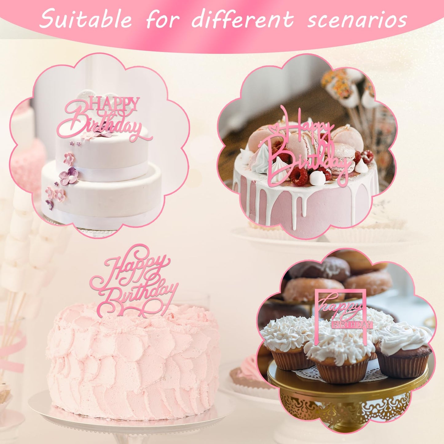 Wootkey 10 Pcs Pink Mirror Acrylic Happy Birthday Cake Toppers - Double-Sided Party Decorations