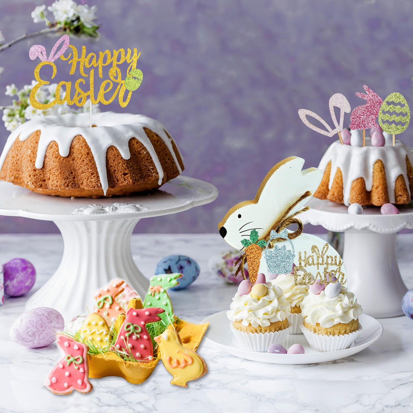 Wootkey 25-Piece Happy Easter Cake Topper Glitter Set – Easter Cupcake Toppers for Spring Parties