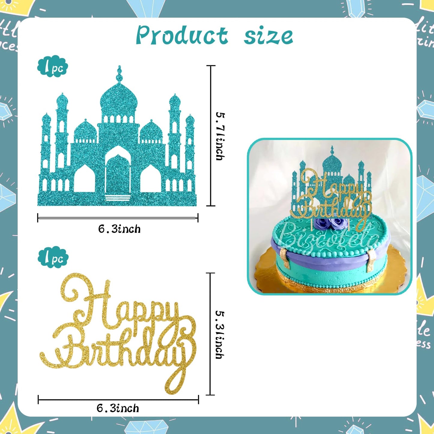 Wootkey Lake Blue Princess Cake Toppers – Glitter Castle Picks for Birthday Parties