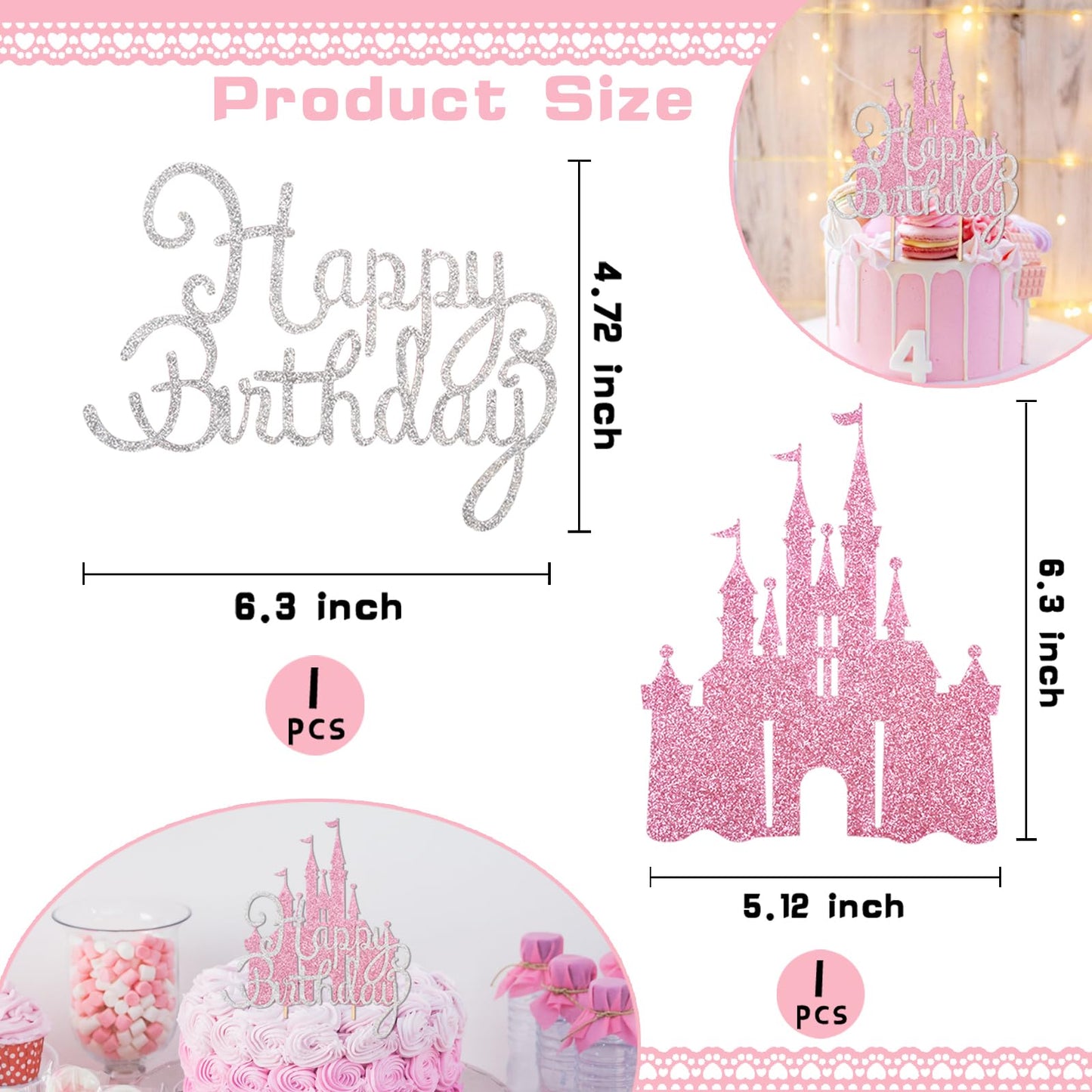 Wootkey 2Pcs Pink Princess Cake Toppers – Glitter Castle Birthday Party Decor
