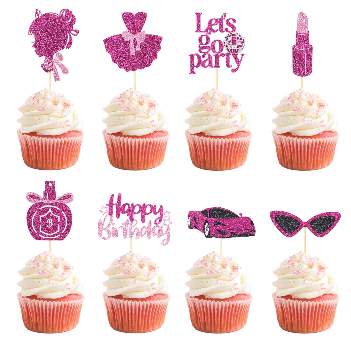 Wootkey Glitter Princess Cupcake Toppers – 24 Pcs Pink Party Decorations
