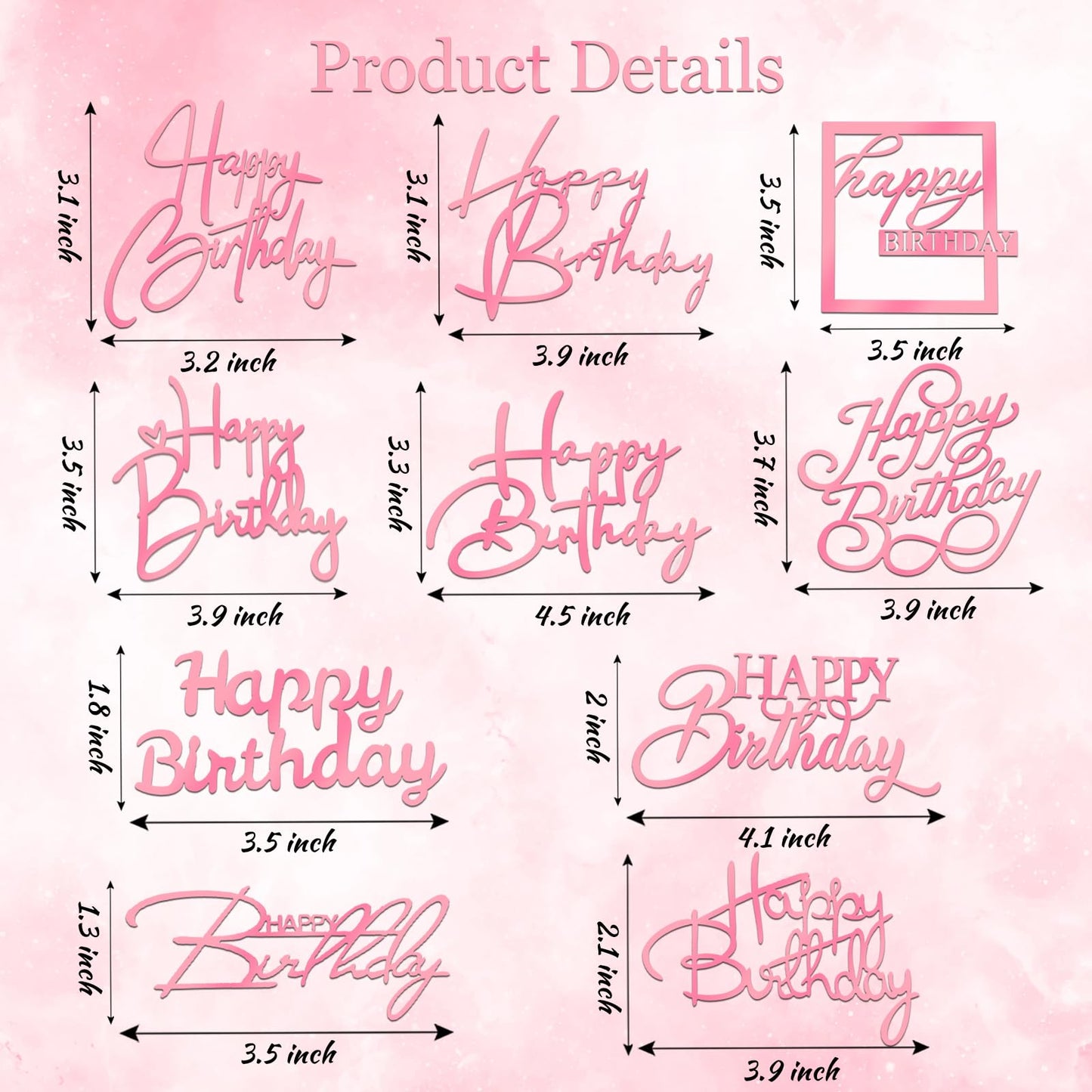Wootkey 10 Pcs Pink Mirror Acrylic Happy Birthday Cake Toppers - Double-Sided Party Decorations