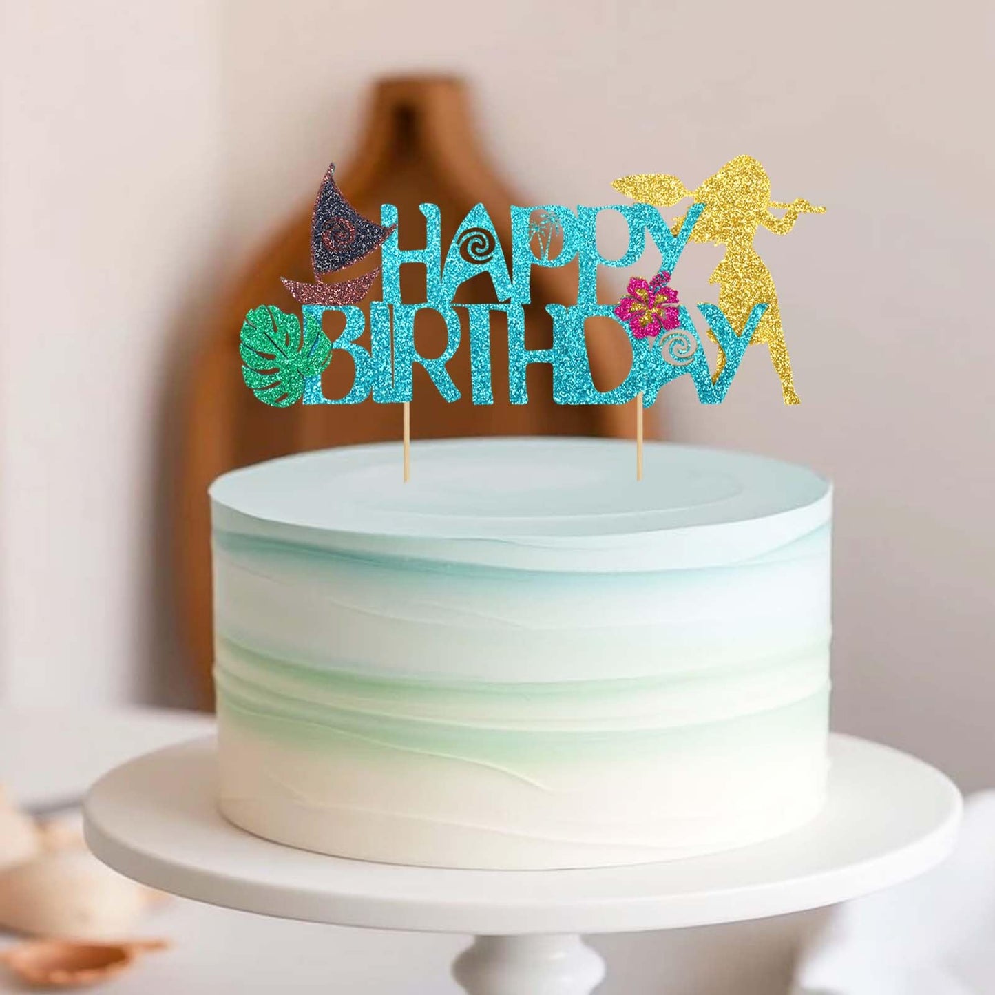 Wootkey Moa Happy Birthday Cake Topper – Sailboat Hibiscus Ocean Theme Glitter