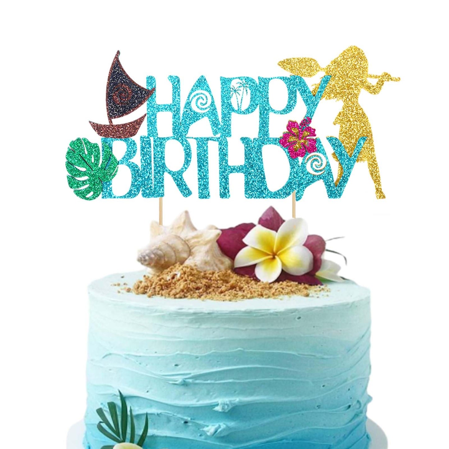 Wootkey Moa Happy Birthday Cake Topper – Sailboat Hibiscus Ocean Theme Glitter