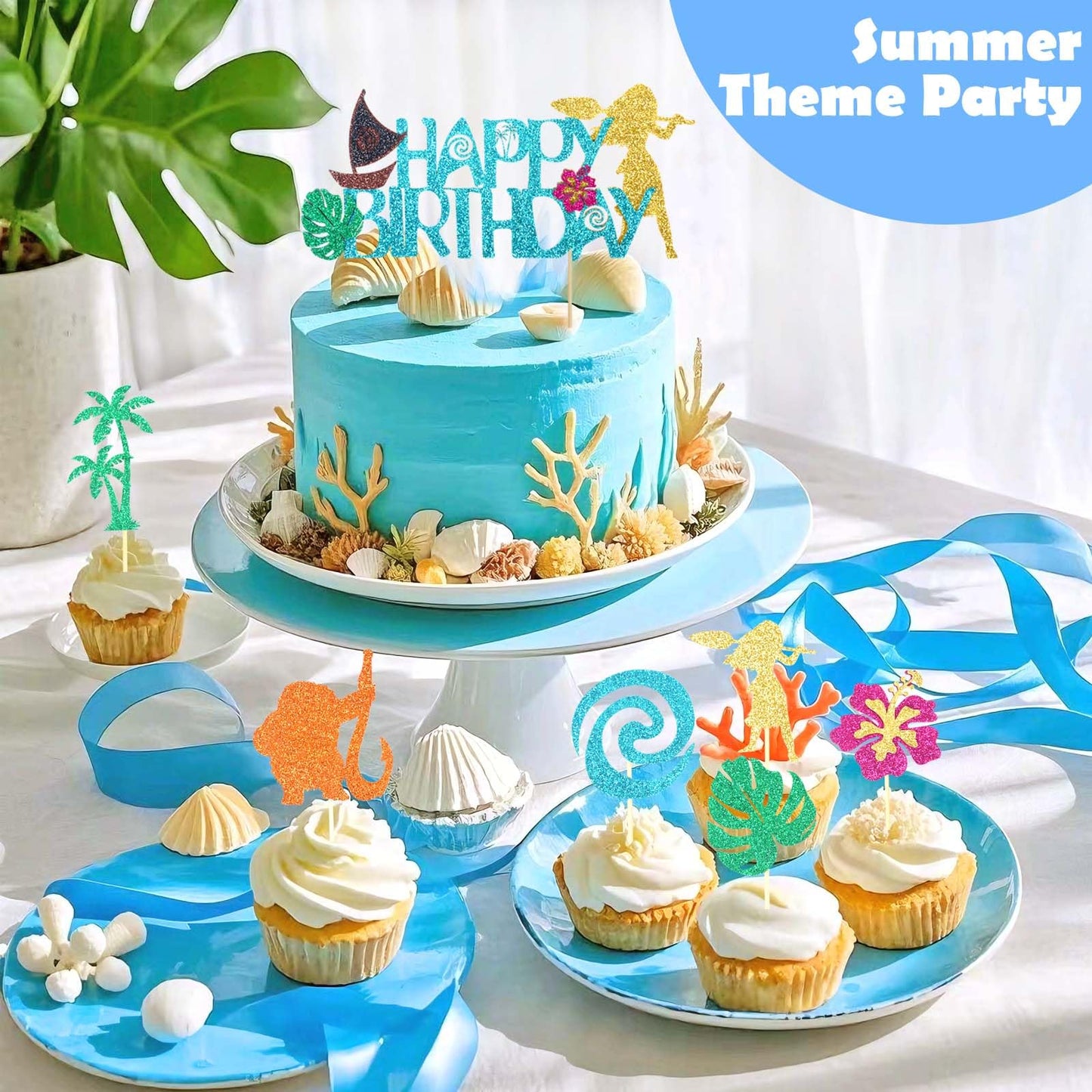 Wootkey Moa Happy Birthday Cake Topper – Sailboat Hibiscus Ocean Theme Glitter