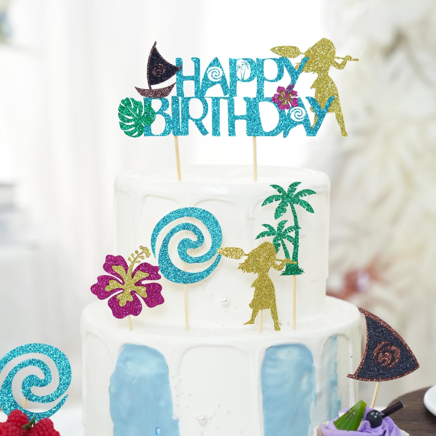 Wootkey Moa Happy Birthday Cake Topper – Sailboat Hibiscus Ocean Theme Glitter