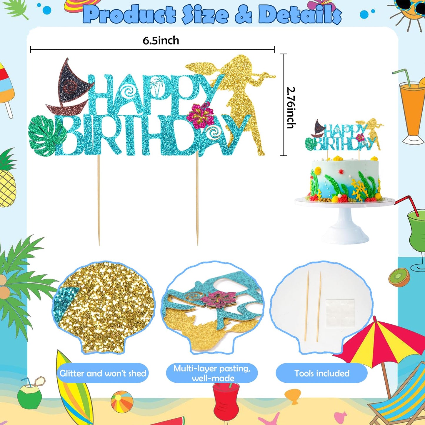 Wootkey Moa Happy Birthday Cake Topper – Sailboat Hibiscus Ocean Theme Glitter