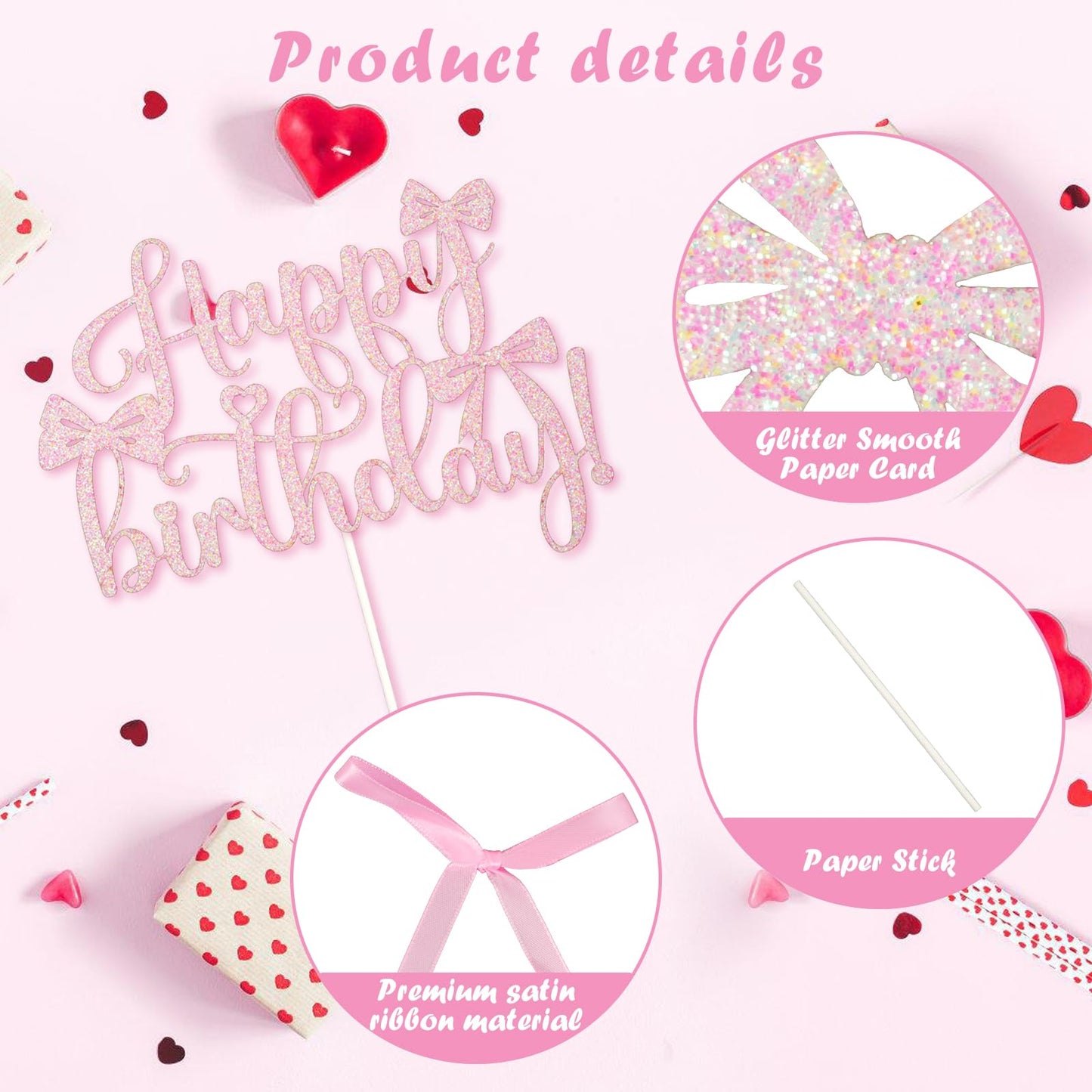 Wootkey Pink Bow Cake Toppers 6-Pack + Gold Happy Birthday Sign | Coquette Birthday Decor