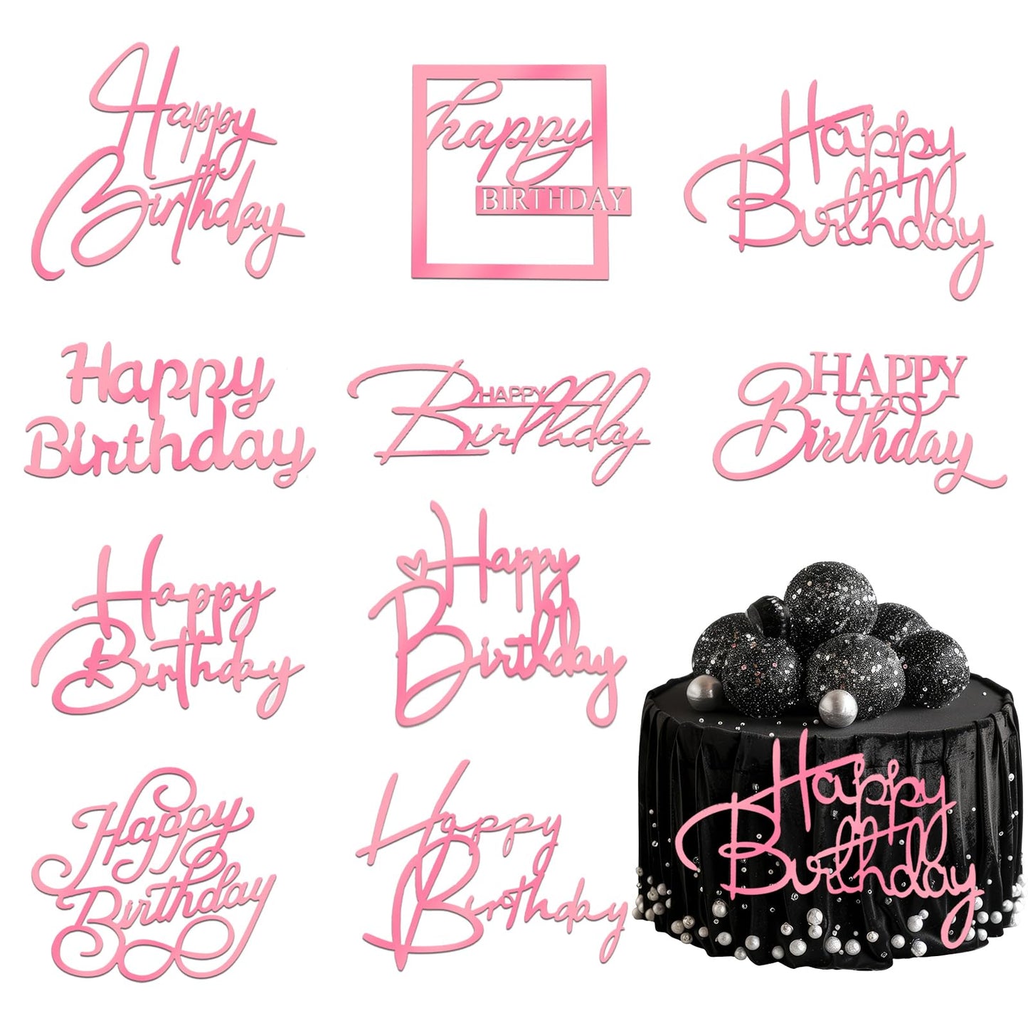 Wootkey 10 Pcs Pink Mirror Acrylic Happy Birthday Cake Toppers - Double-Sided Party Decorations