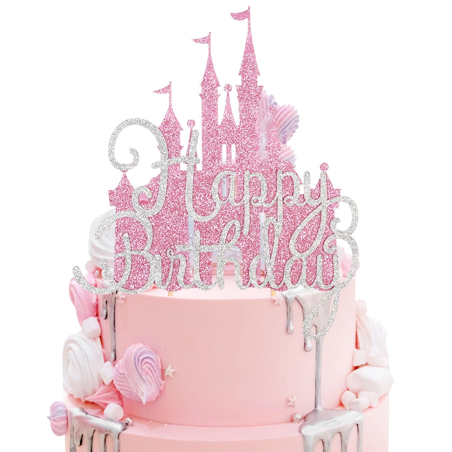 Wootkey 2Pcs Pink Princess Cake Toppers – Glitter Castle Birthday Party Decor